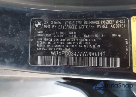 2007 BMW X3 3.0Si из США, поврежденный, VIN WBXPC93477WJ00843